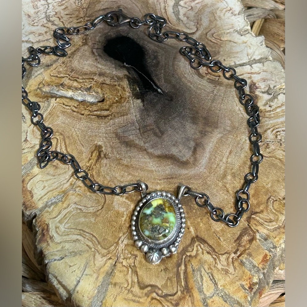NWT Navajo Handmade Eli Skeets Palomino Variscite and Sterling Necklace